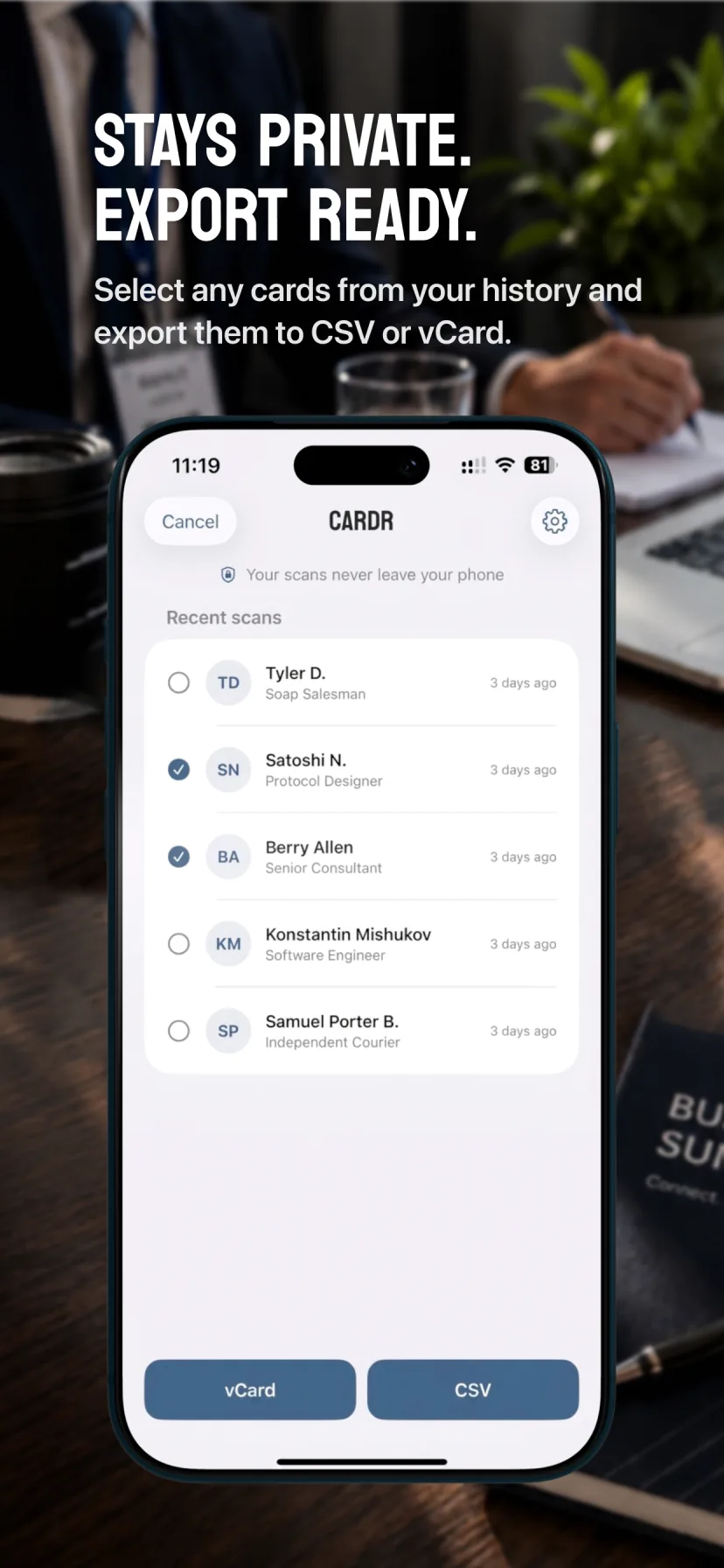 Mehrere Visitenkarten im Scanverlauf für den CSV- oder vCard-Export ausgewählt
