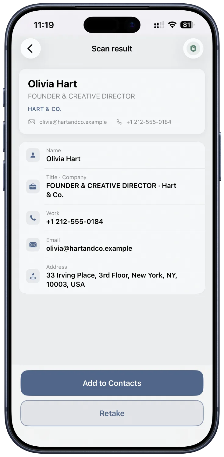 Cardr scan result ready to review and add to iPhone Contacts